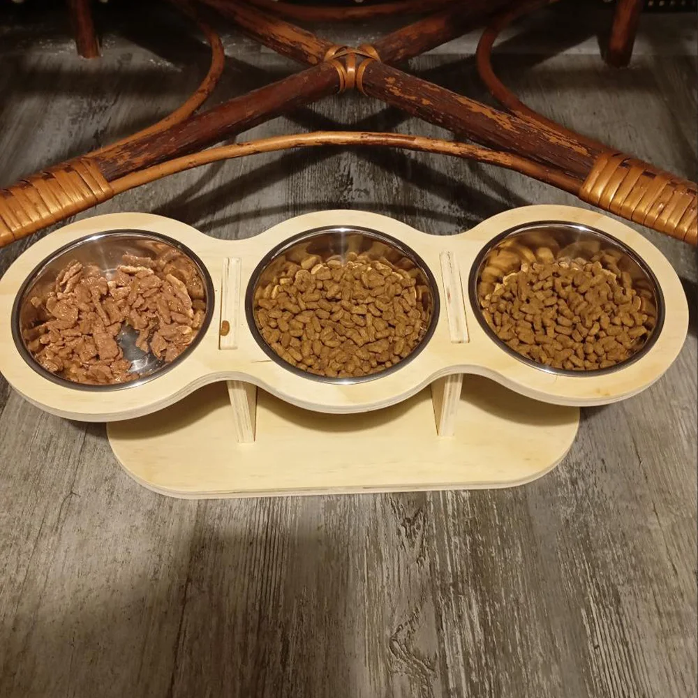 Estación de alimentación para mascotas de madera elevada con 3 tazones inclinados, platos extraíbles de acero inoxidable para perros y gatos pequeños y medianos de interior - imagen 4