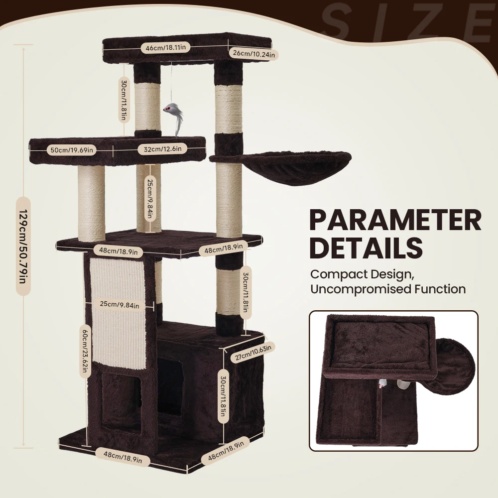 Torre de árbol para gatos de varios niveles de 51 pulgadas con tablero para rascar y condominio acogedor, casa de juegos para gatos interior que ahorra espacio, contras de madera contrachapada duraderos - imagen 2