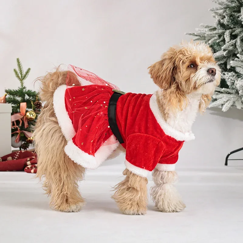 Perros pequeños y medianos Vestido navideño de malla roja para perros con tocado de lazo, traje festivo para - imagen 4