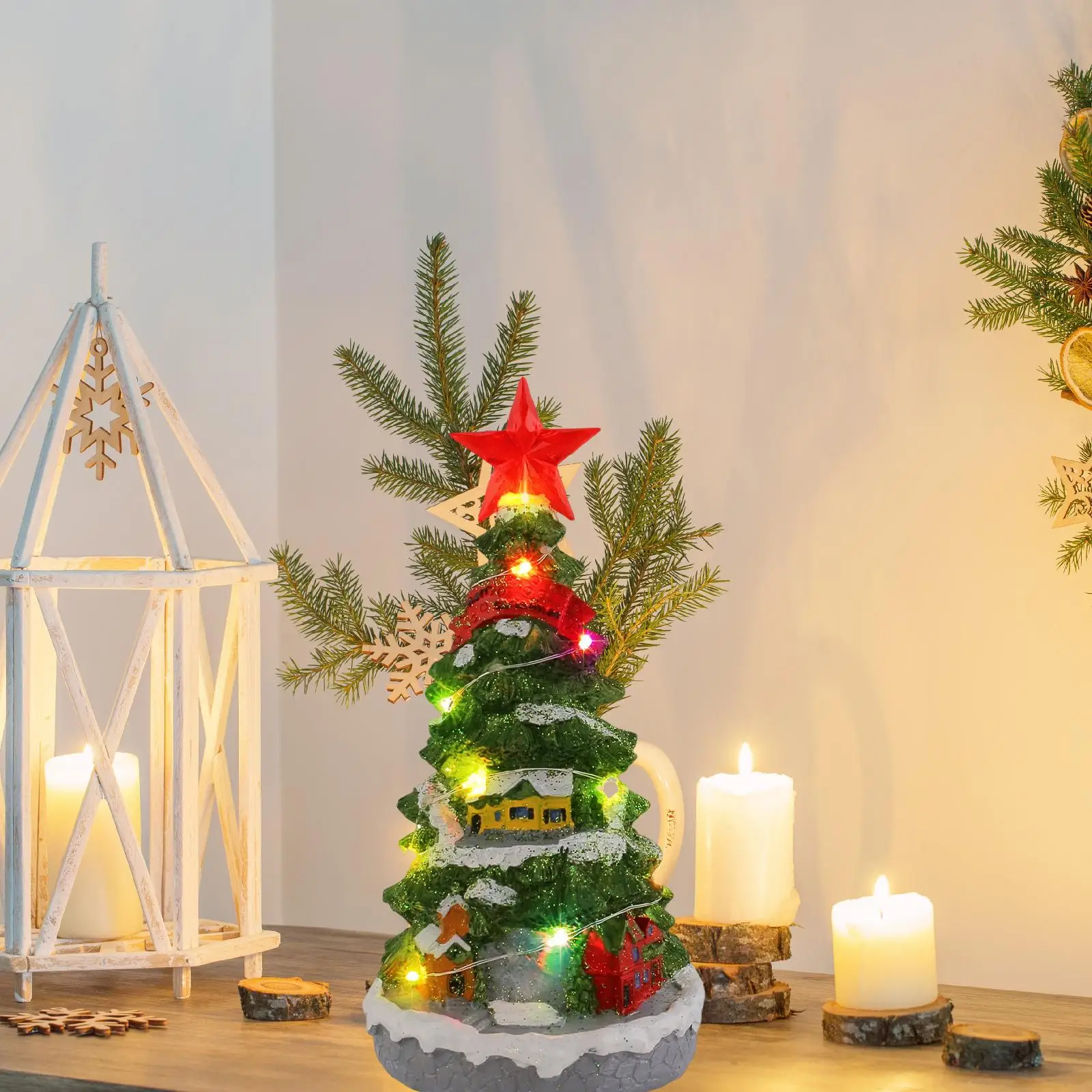 Light up Musical Mini Christmas Tree Figurine,Music Box Toy Star Topper for Holiday