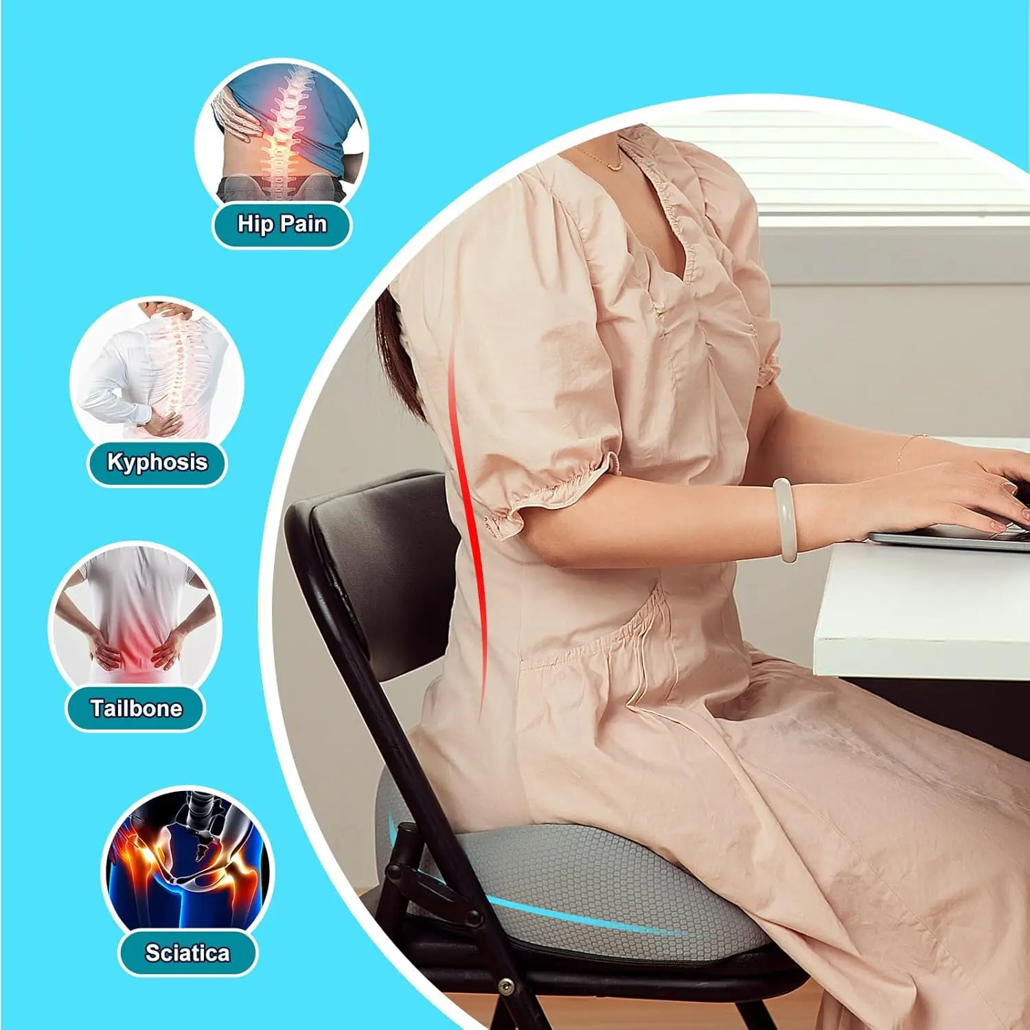 Cojín de asiento grande de espuma viscoelástica para aliviar la presión, almohada antideslizante para aliviar el dolor de ciática y hueso de guerra, cojines para sillas de oficina