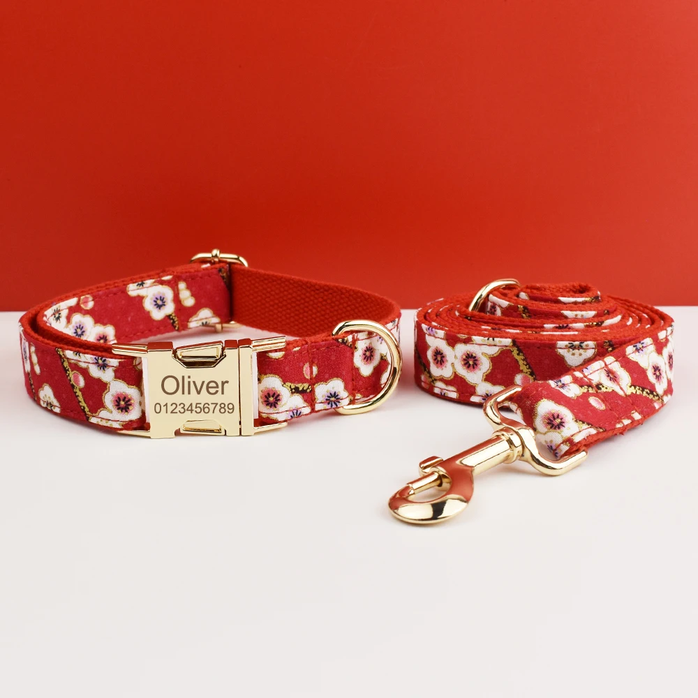 Collar de perro grabado personalizado de lujo, conjunto de correa y arnés, diseño Floral de algodón suave, accesorio de lazo personalizado para perros 01 - imagen 5