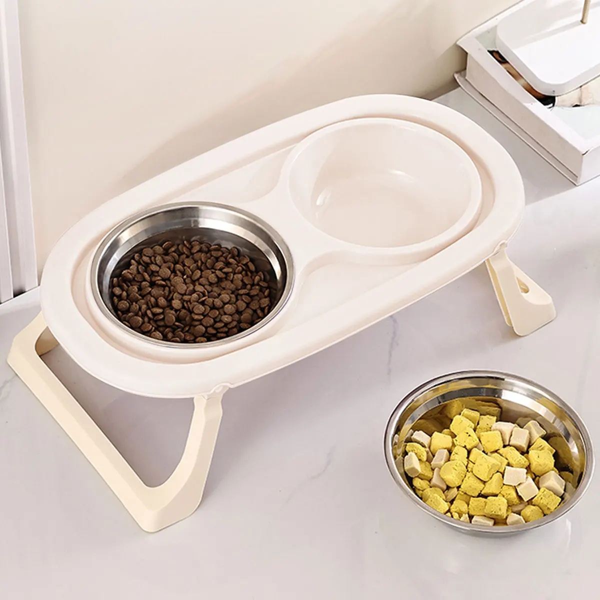 Cuenco plegable de acero inoxidable para mascotas, cuenco de comida para gatos, cuenco de comida para perros, protección del cuello, doble cuenco de pie alto, 1 ud. - imagen 3