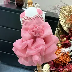 Vestido de novia hecho a mano para mascotas, vestido Formal con adornos de perlas rosas florales para cachorros, vestido de fiesta nupcial de Bulldog Francés Teddy Bichon