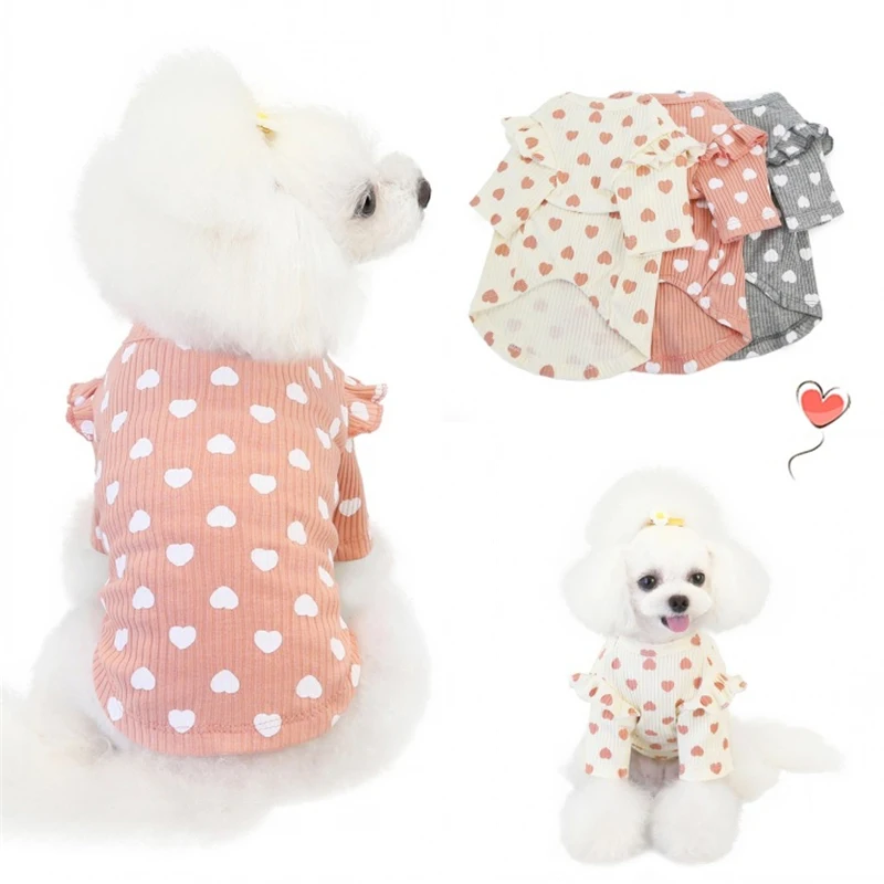 Ropa de primavera con estampado de corazón para cachorros, ropa de algodón suave para mascotas, ropa para perros pequeños, York, Chihuahua, camiseta de manga corta para gatos