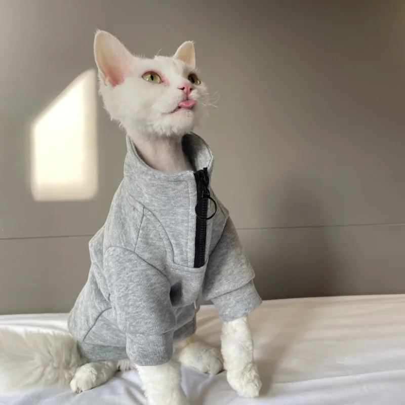 High-neck Grey Zip-up Sweatshirt for Sphinx Cat in Winter Warm Coat for Hairless Cat Autumn Spring Soft Loungewear for Devon Rex