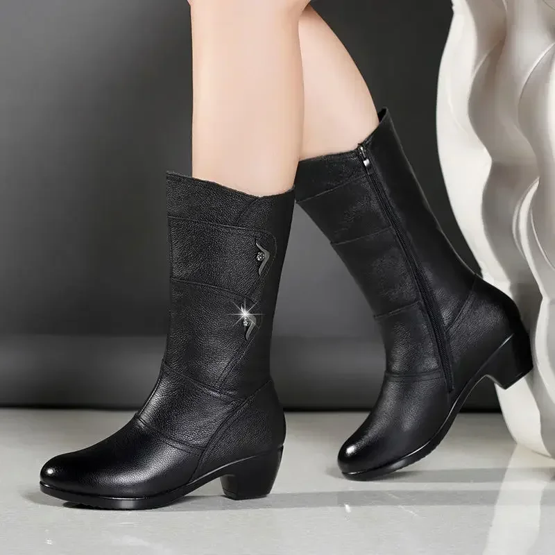 Middle Boots Winter Women's Korean Style Low Heel Solid Color Fleece Warm Plus Size Outdoor Anti-Skid Boots - imagen 4