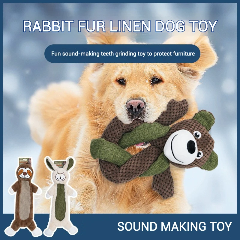 Juguete de perro de peluche de piel de conejo resistente a mordeduras, juguete chirriante de lino duradero para cachorros y perros medianos con arpillera suave y pelo de conejo - imagen 2