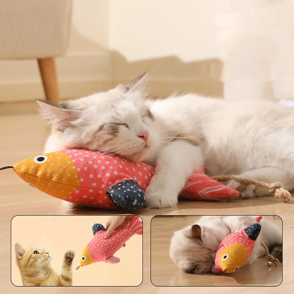 Juguete de pez con hierba gatera colgante, juguete de peluche con campana, autobuicio interactivo para juegos de aburrimiento, juguete molar para la dentición para gatos - imagen 5