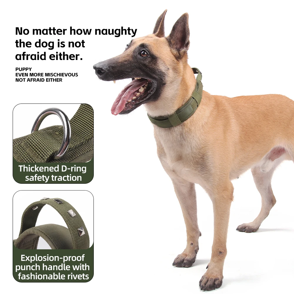 Collar táctico para perros de alta resistencia para razas grandes, juego de correa con tachuelas y anilla en D de Metal y mango, sin diseño de estrangulamiento - imagen 2