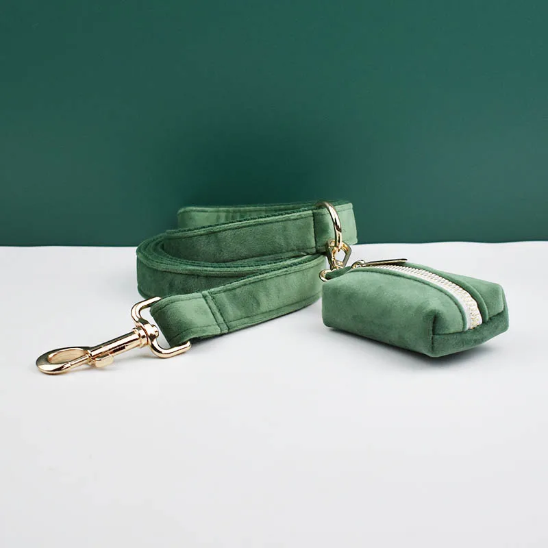 Conjunto de Collar y correa de terciopelo para perros, placa con grabado personalizado, suministros para mascotas, color verde bosque, 39 - imagen 4