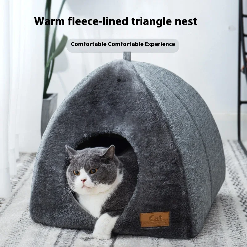 Nuevo nido triangular para gatos, casa cerrada para gatos, nido para mascotas, nido para perros de sueño profundo cálido y grueso, suministros para mascotas, cama cerrada para gatos, tiendas para gatos - imagen 4