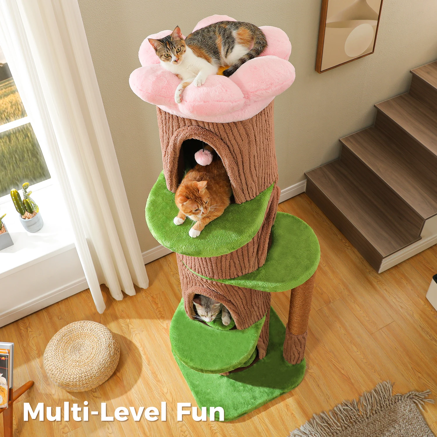 Árbol para gatos grande con casas, poste rascador y cama floral - imagen 3