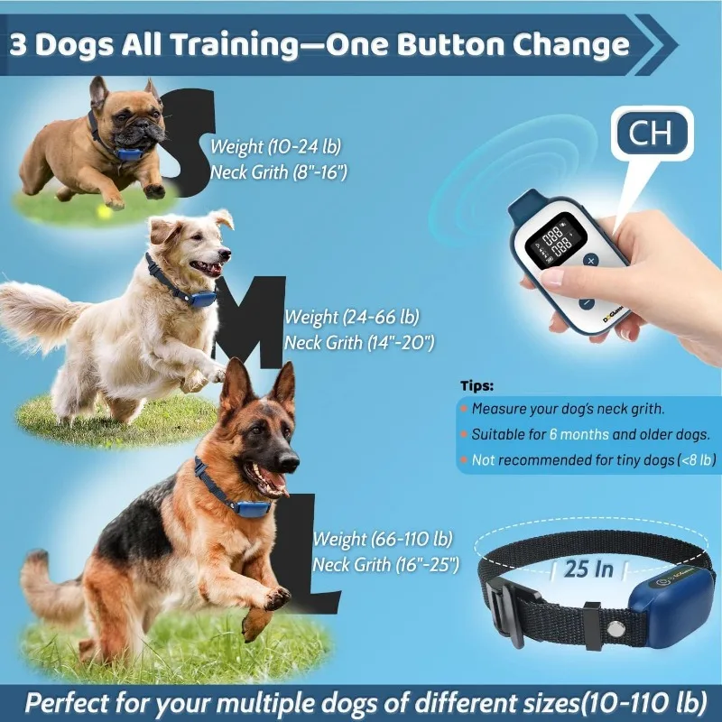 Collar de adiestramiento para perros con control remoto, 3 canales, resistente al agua IP67, distancia de control del collar de choque de 3300 pies para perros pequeños, medianos y grandes - imagen 4