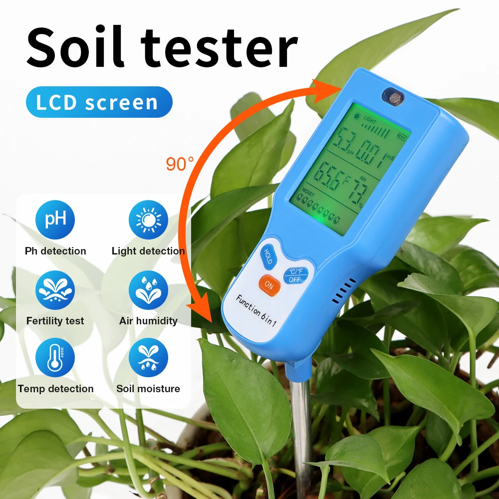 Girar 90 °   Probador de suelo 6 en 1, fertilidad, pH, temperatura, humedad, luz, medidor de humedad, LCD, Detector de PH del suelo, planta, jardín, analizador de suelo - imagen 3