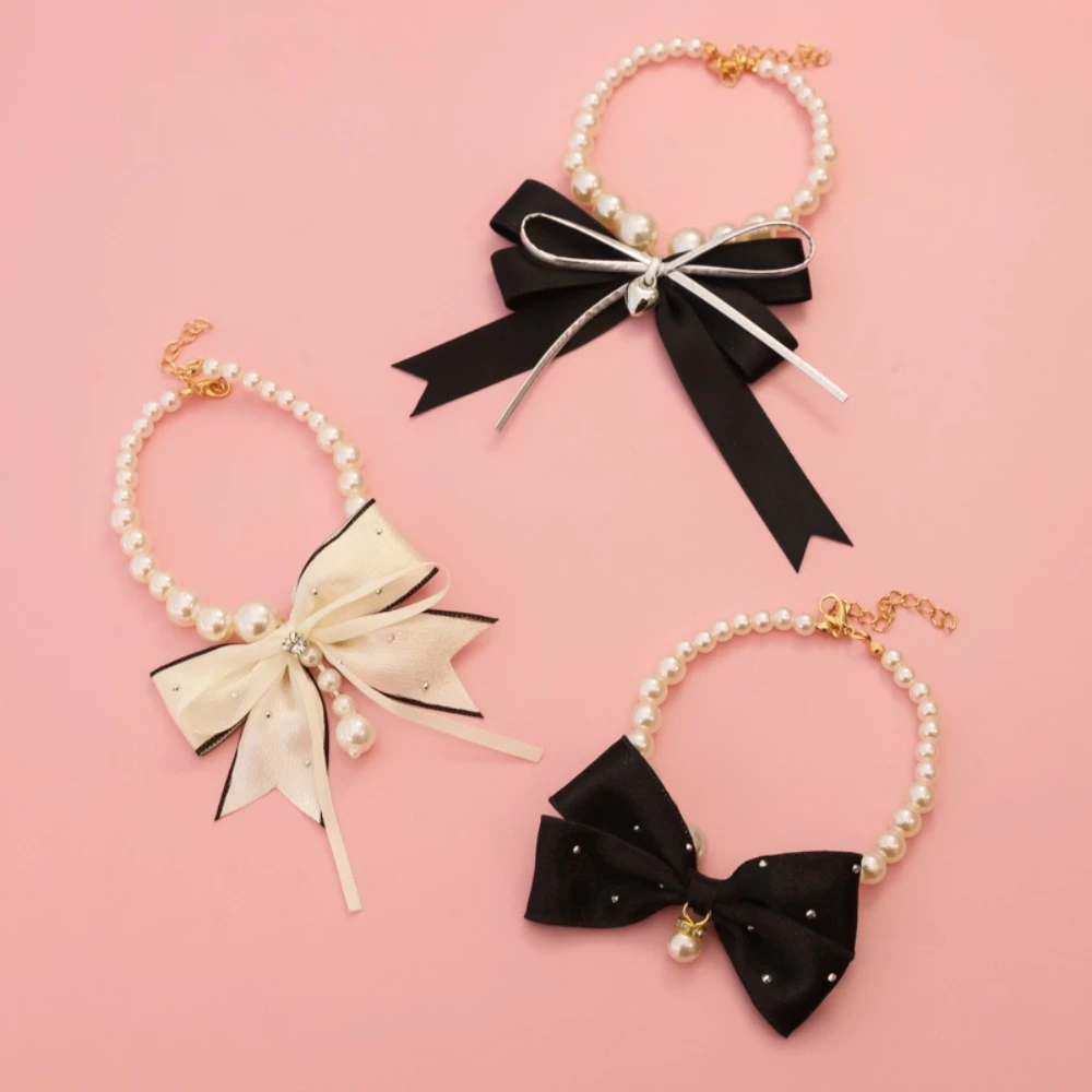 Collar de perlas vintage para gatos y perros con lazo – Estilo dama - imagen 2