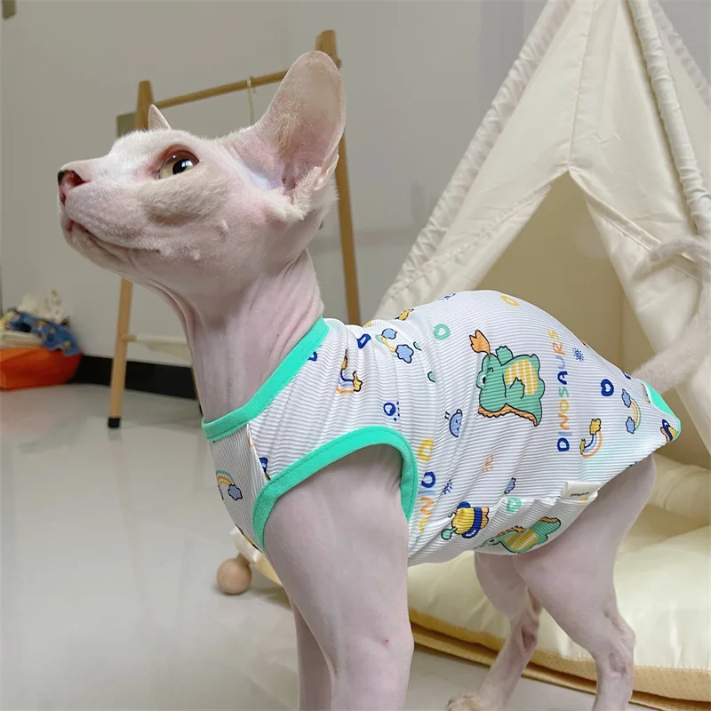 1 pieza 2 pieza 5 tela Tela cool Sphynx ropa de gato gatito cachorro camiseta de dibujos animados Devin Rex verano suave chaleco de dinosaurio verde - imagen 2