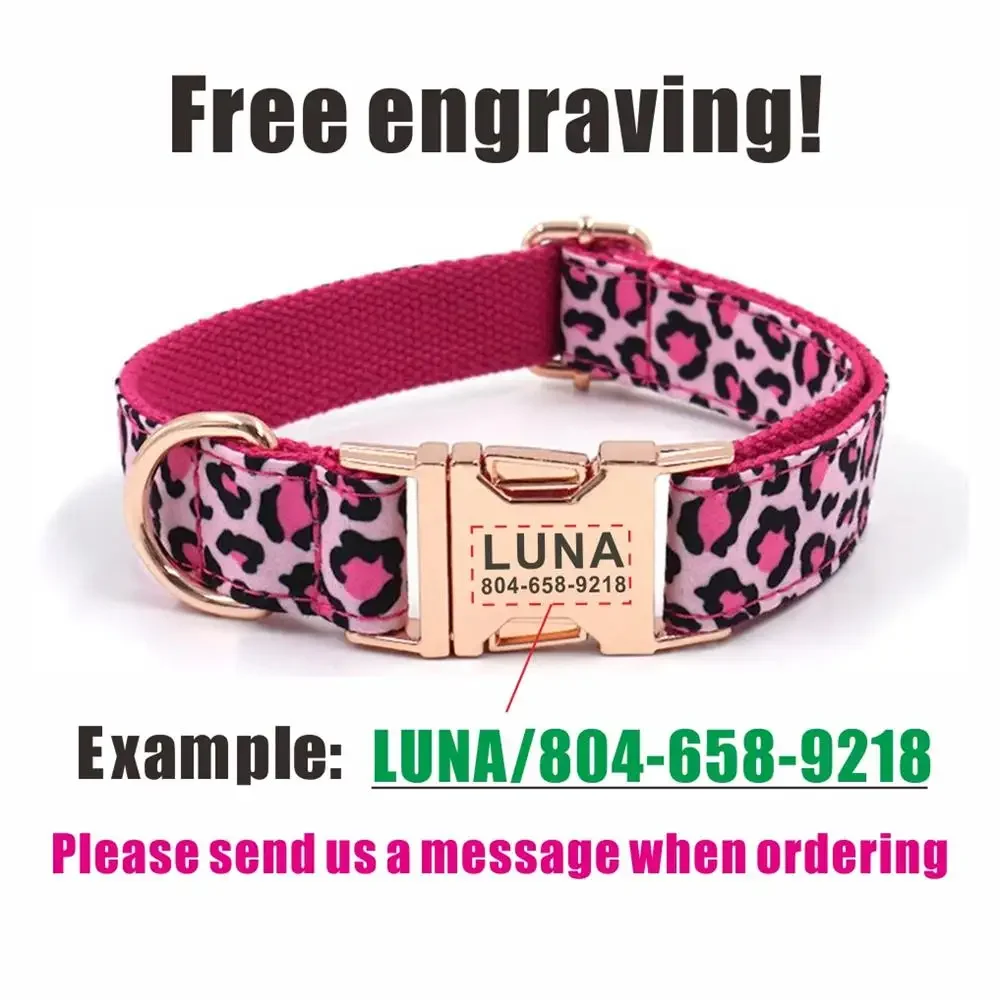 Collar de perro personalizado, collares para mascotas personalizados, grabado gratis, placa de identificación, etiqueta, accesorio para mascotas, Collar de cachorro de leopardo rosa, correa - imagen 4