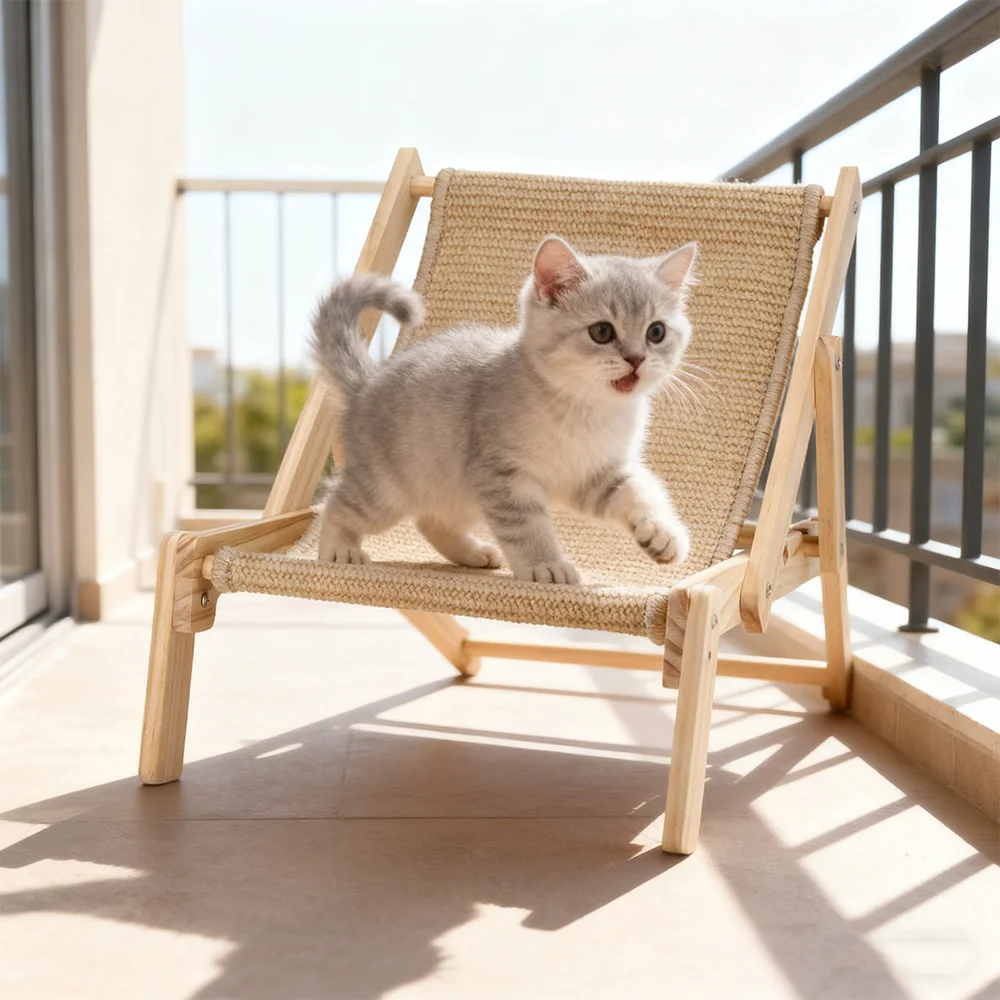 Sillón plegable para gatos con zona para rascar de Sisal, sillón reclinable de madera para mascotas para gatos, para relajación interior y tomar el sol al aire libre - imagen 3