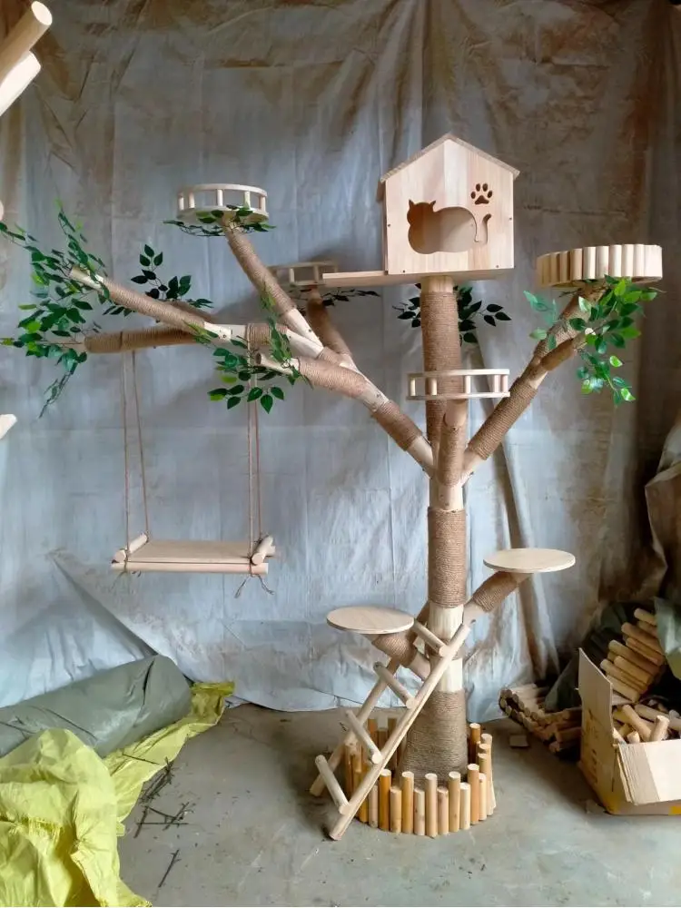 Marco de escalada para gatos de troncos grande, casa de madera para gatos, muebles para mascotas, plataforma de salto grande, suministros para gatitos de interior y exterior - imagen 3