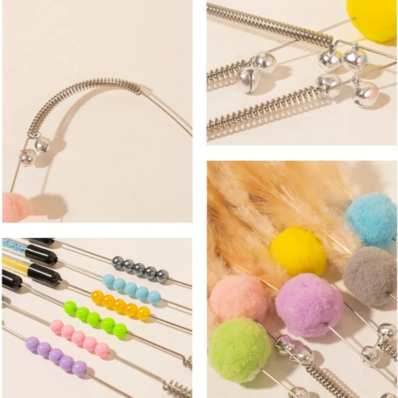 Juguetes para gatos, palo para gatos con plumas, alambre de acero resistente a mordeduras, pluma de resorte, juguete interactivo para gatos con campana, bola de lana, palos de juguete para gatitos - imagen 5
