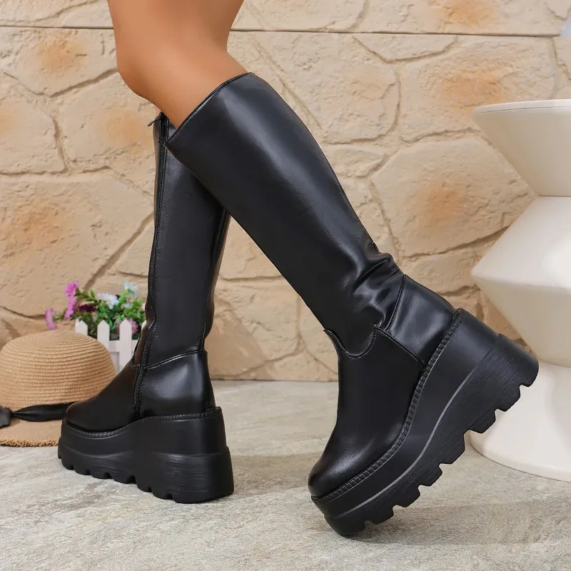 Botines de tacón grueso otoño nuevo Y2K chica picante botas de caballero de motocicleta botas largas hasta la rodilla de cuero PU