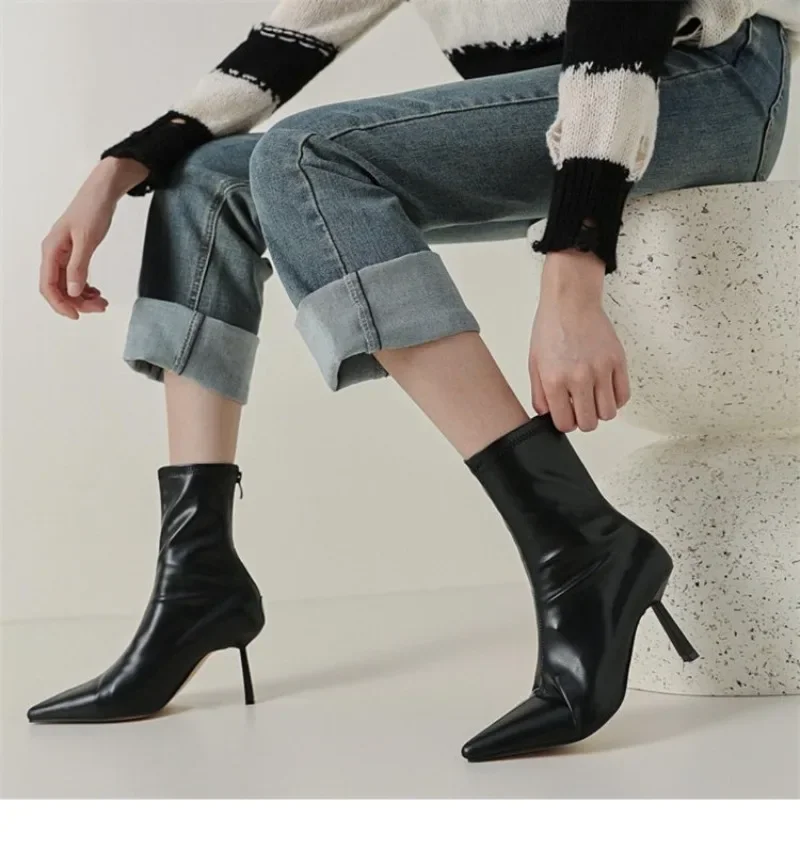 2024 nuevo Otoño Invierno puntiagudos botines de mujer zapatos de moda con cremallera tacón alto fino botines cortos Morder para mujer - imagen 4