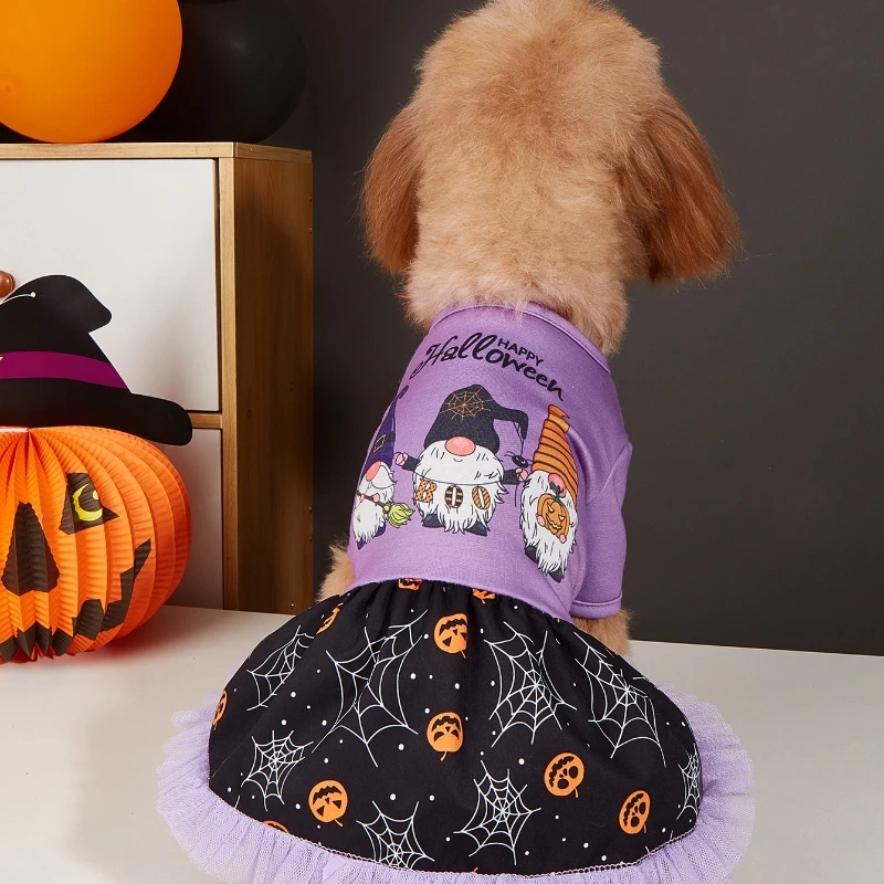 Vestido de Halloween para mascotas con estampado de gnomo, patrones de calabaza y falda de tul, opciones naranja y morado para perros pequeños, fiestas de Halloween - imagen 2