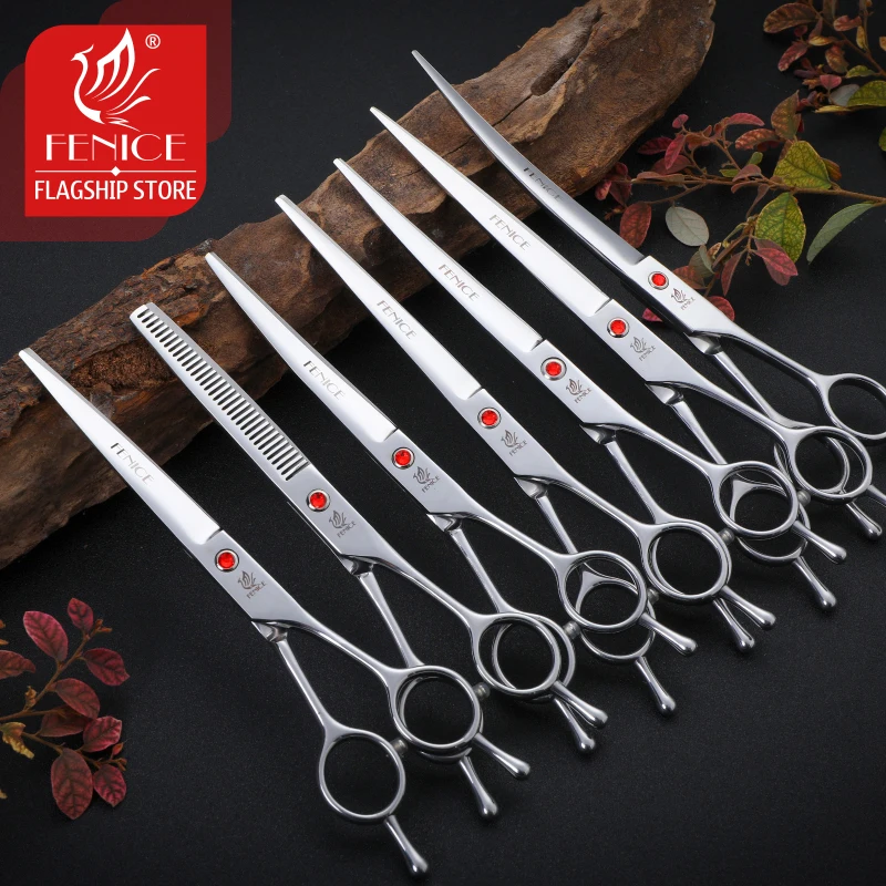 Fenice-Juego de tijeras de aseo profesional para perros, kit de tijeras rectas, curvadas y de adelgazamiento, 7/7 pulgadas, 5/8 pulgadas