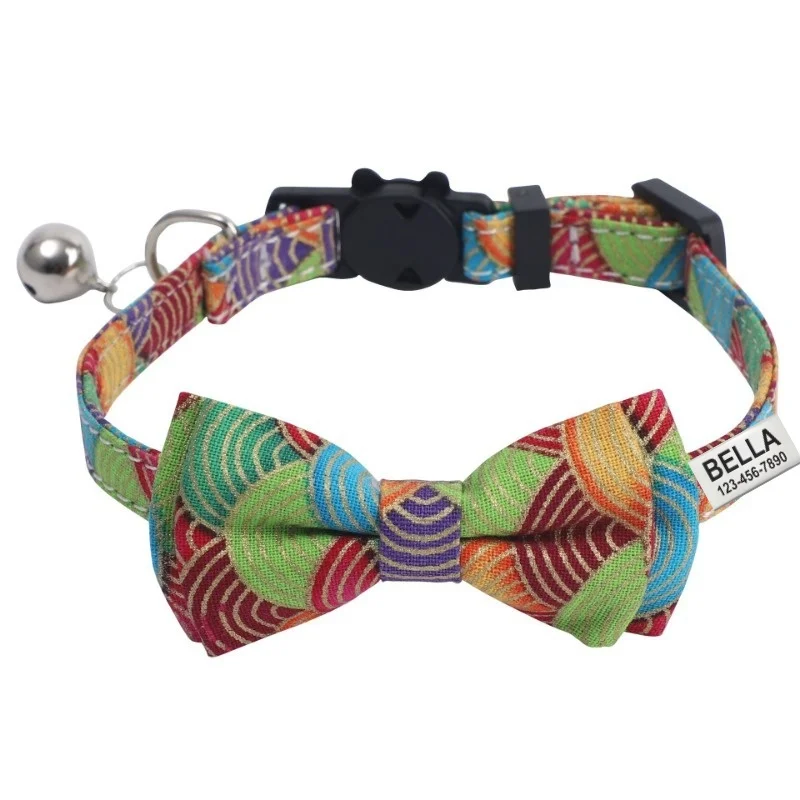 Collar de gato personalizado con nombre de campana, etiqueta de identificación personalizada, Collar de nailon para Collar de gato, pajarita, Collar de perro pequeño para cachorro, Collar de gatito - imagen 2