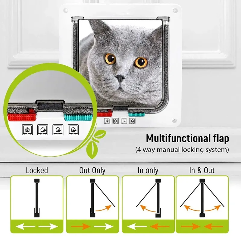 Puerta para mascotas con bloqueo de 4 vías para puerta de perro, gato, gatito, puerta con solapa de seguridad, plástico ABS, puerta pequeña y mediana para perros y gatos, suministros para mascotas
