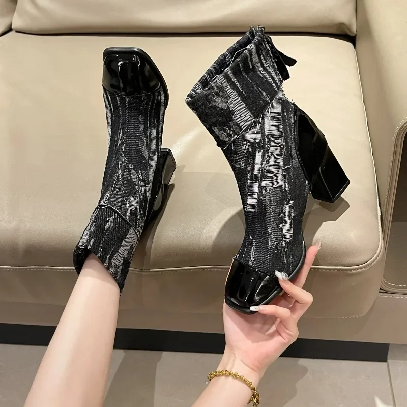 Botas de vaquero de retales con estilo para mujer, zapatos cómodos de tacón grueso con cabeza cuadrada, altos hasta el muslo, Otoño, 2024 - imagen 2