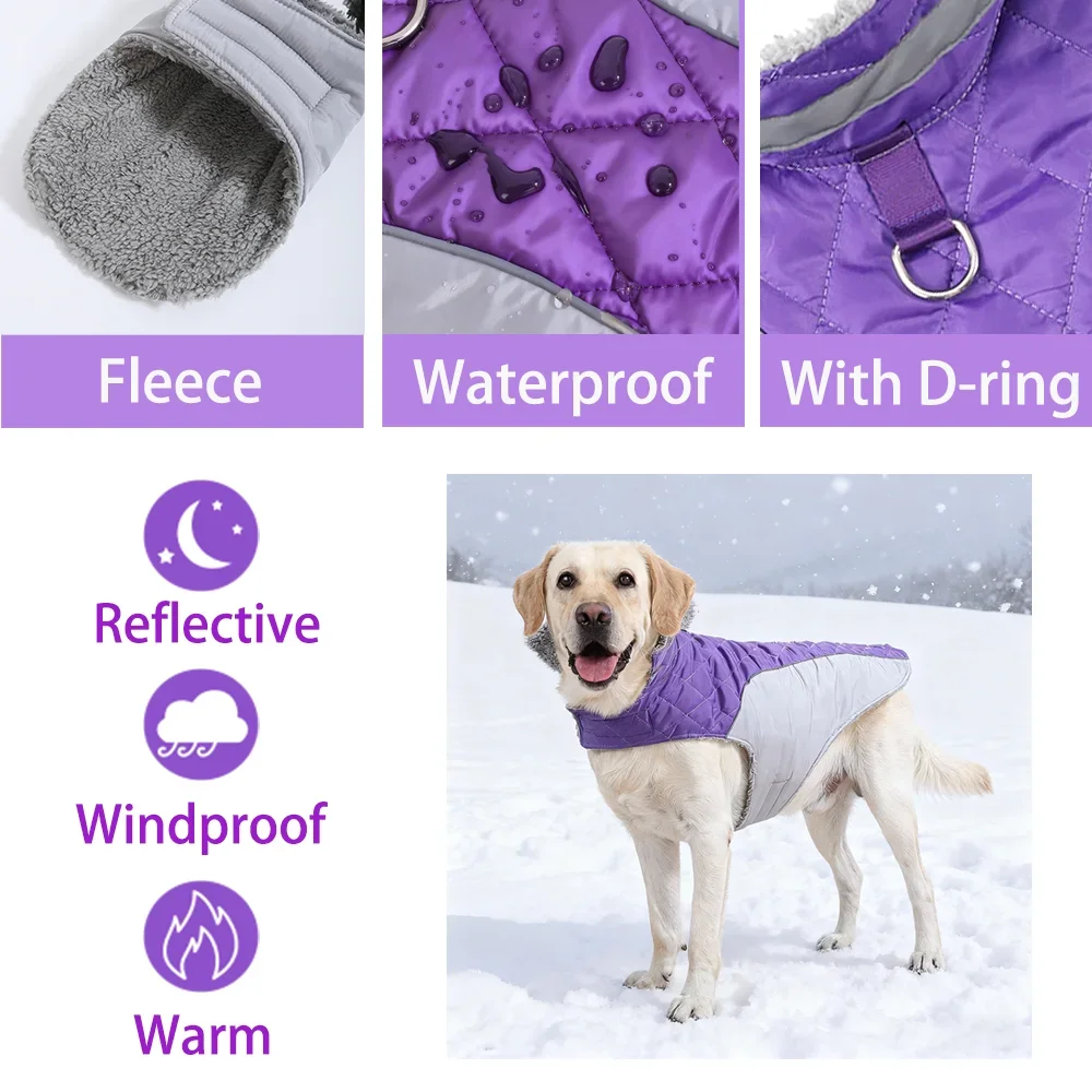 Ropa reflectante para mascotas para perros pequeños y grandes, chaleco de lana grueso y cálido para perros, abrigo para invierno, Parka a cuadros para cachorros con anillo en D Labrador - imagen 2
