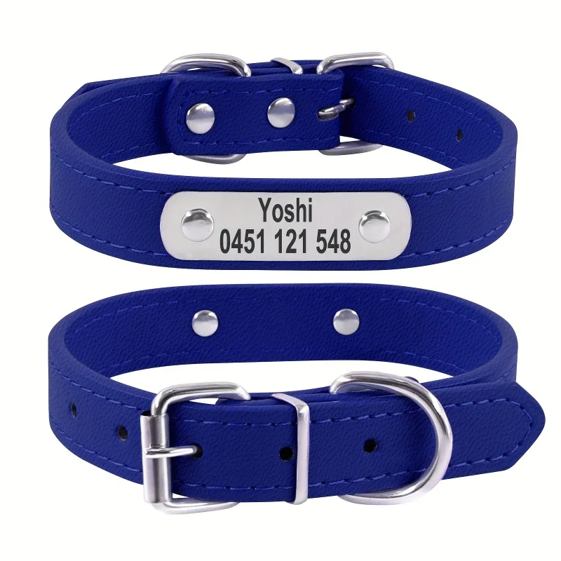 Collar de perro personalizado con nombre, etiqueta de identificación tallada, Collar de cuero PU sólido antipérdida para perros pequeños, medianos y grandes, suministros para cachorros y gatos - imagen 2