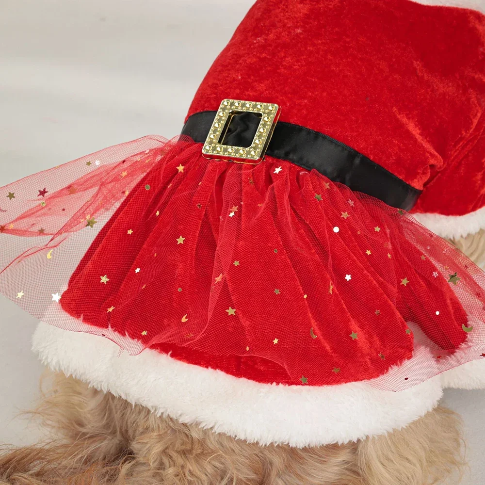Vestido de Navidad con cinturón de Papá Noel, falda de Papá Noel, vestido para perros femeninos, traje de Navidad de terciopelo rojo para mascotas para perros pequeños y niñas - imagen 4