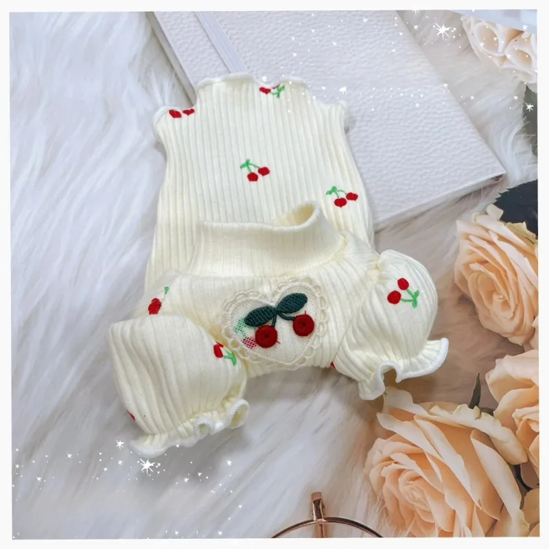 Ropa bonita para mascotas, camisa inferior con estampado de cereza, camisa de cuello alto con manga de burbuja de peluche, ropa elástica tejida para cachorros pequeños de oso - imagen 2