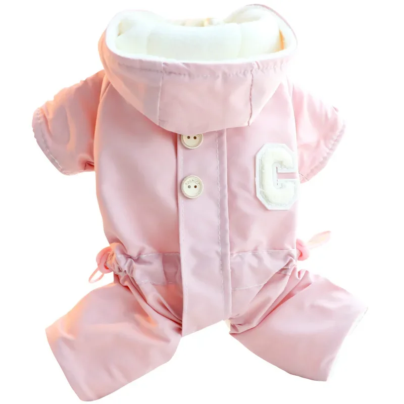 가을 겨울 후드 점프 슈트 모자와 두꺼운 방풍 작은 개를 끌 수있는 4 다리 자켓 테디 베어 애완 동물 강아지 옷 - imagen 5