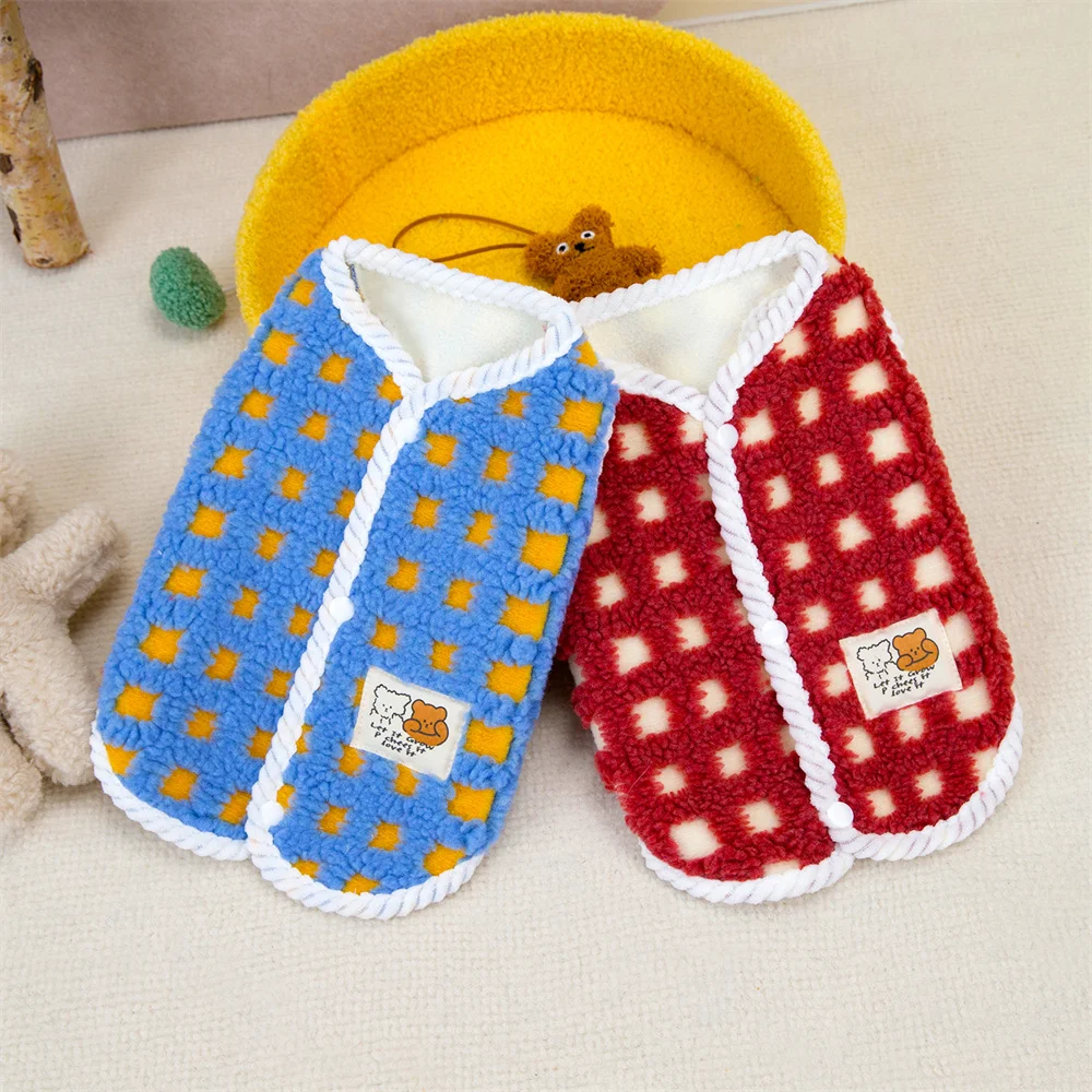 Chaqueta cálida de lana para perro, chaleco con tachuelas a cuadros y hebilla trasera, abrigo para mascotas para perros pequeños, Chihuahua Shih Tzu, ropa de otoño e invierno para cachorros - imagen 3
