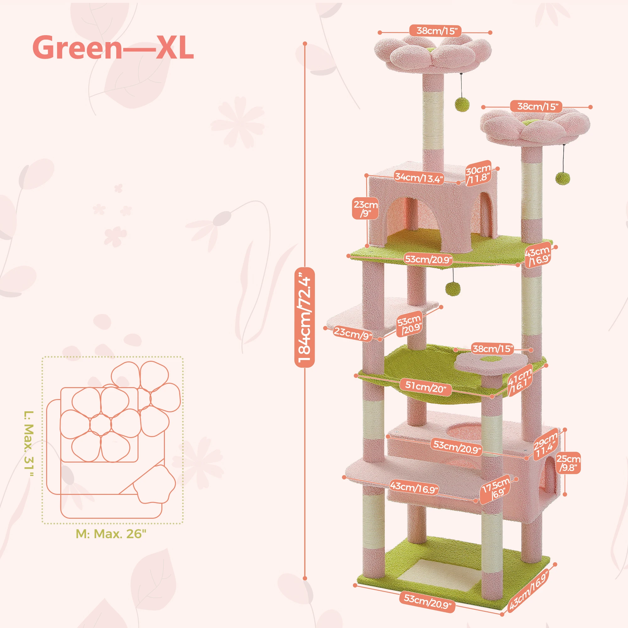Torre grande de árbol para gatos de 184 cm para gatos de interior con postes para rascar cubiertos de sisal, hamaca espaciosa, perchas acolchadas y condominios, color rosa - imagen 3