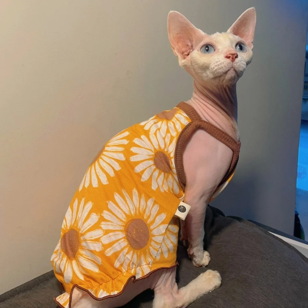 Falda con volantes de algodón suave de verano para gato sin pelo, camisola fina de estilo rústico con estampado de girasol amarillo dulce para gato Sphynx - imagen 3