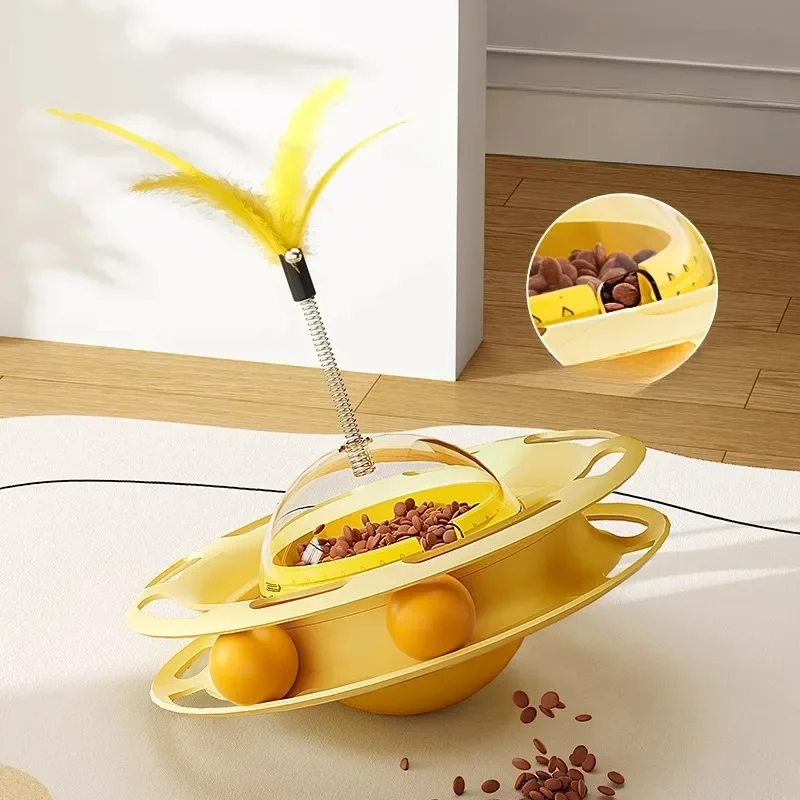 Vaso para gatos, alimentador interactivo de juguete, plato giratorio para interiores, dispensador de aperitivos para cachorros y gatitos, bolas de pista de plástico extraíbles, juguetes de plumas - imagen 5