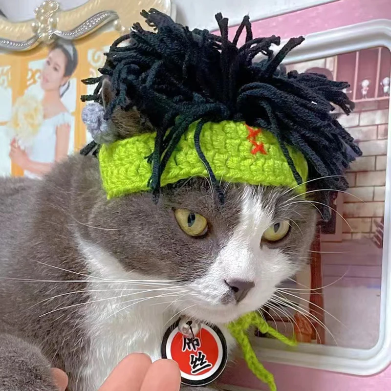 Sphynx-Sombrero de lana cálido para mascotas, Bola de punto, Bola de Rap Rock divertida, accesorios para gatos pequeños, Punk, moda de invierno - imagen 4