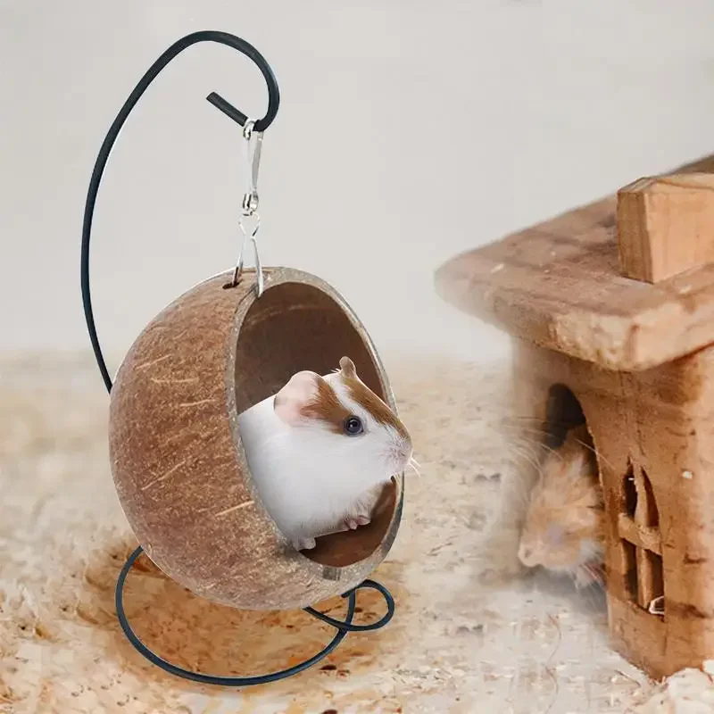 Camas de coco para hámster, hamsters de coco naturales, hamaca escondida, carcasa de suspensión, casa de cama para hámsteres con almohadilla cálida, animales pequeños - imagen 3