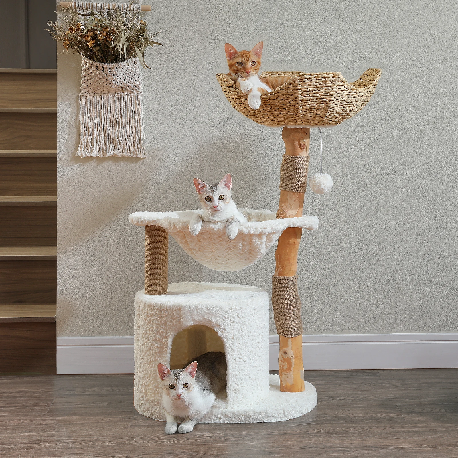 Árbol para gatos moderno, torre de madera natural para gatos con gran cesta de mimbre, condominio espacioso, hamaca profunda, lujosa cama tipo casa para gatos de interior