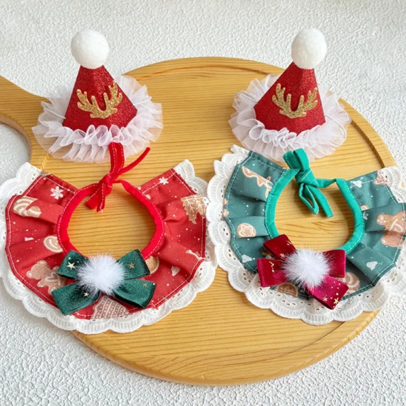 Pañuelo de Navidad para mascotas, Collar con bola de pelo, sombrero, conjunto de Navidad para gatos, bufanda de agua para perros, bufanda roja y verde, accesorios para cachorros
