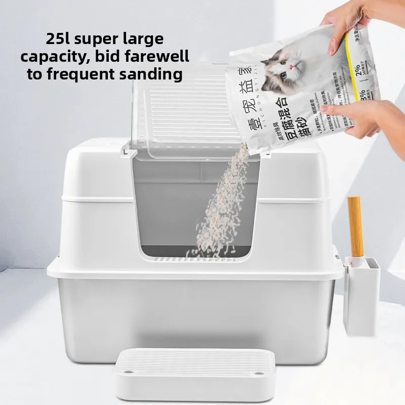 Caja de arena para gatos de acero inoxidable, extragrande, completamente cerrada, resistente al agua, fácil de limpiar, productos para mascotas, accesorios de limpieza, sartenes para gatos - imagen 5