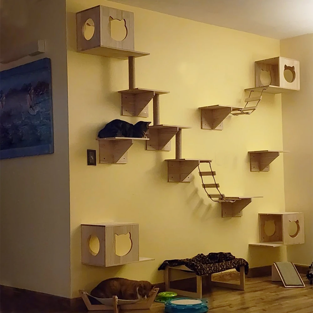 Casa para gatos montada en la pared, Villa, escaleras para gatos, accesorios para árboles para gatos, casa de madera para gatos para dormir y descansar, muebles para mascotas de pared - imagen 4