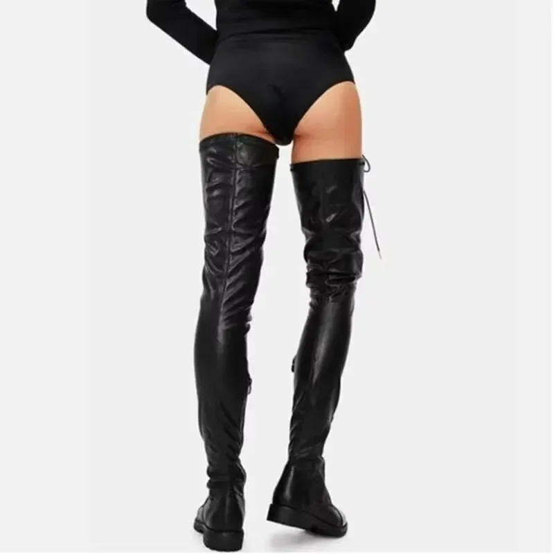 Botas por encima de la rodilla de tacón bajo con cordones negros para mujer Botas punk con cremallera y punta redonda para mujer - imagen 2