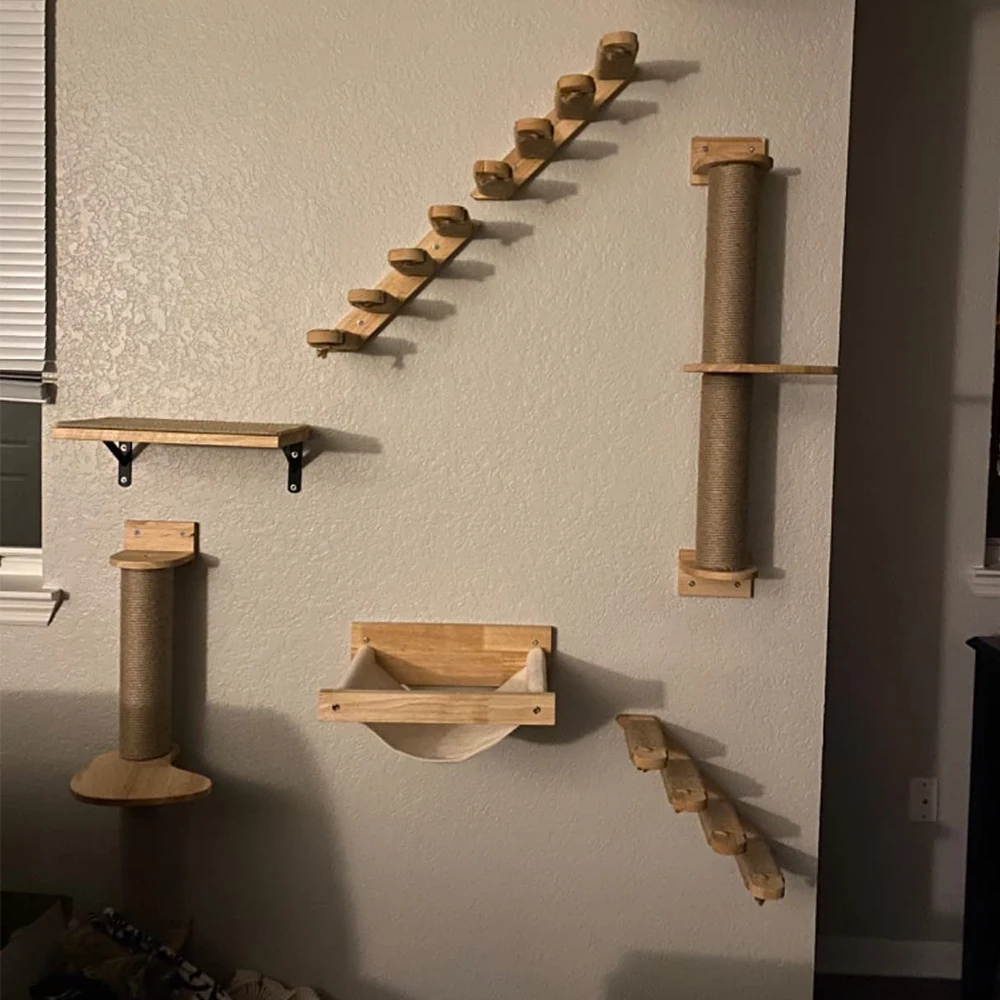Estantes de pared para gatos con hamaca y escalones, percha montada y cama para gatitos, estantes de escalada para gatos, muebles de madera maciza para uso en interiores - imagen 4