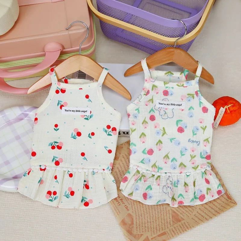 Falda de algodón INS cereza para cachorros, ropa para perros pequeños, vestidos de Pomerania, falda con tirantes florales de verano, ropa para cachorros - imagen 3
